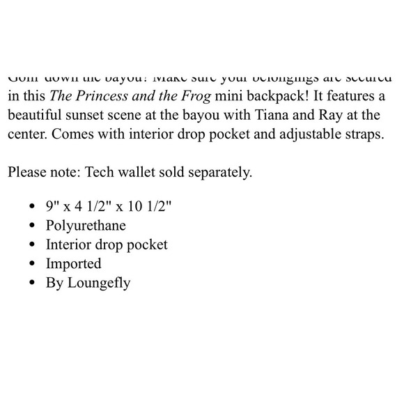 Loungefly Disney Princess Tiana Mini Backpack‎ Adjustable Straps NWT - Picture 5 of 7